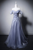 Off-the-Shoulder Blue Purple Organza Evening Gown with Ruched Bodice HZ0429