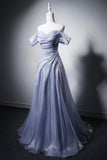 Off-the-Shoulder Blue Purple Organza Evening Gown with Ruched Bodice HZ0429