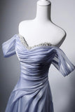 Off-the-Shoulder Blue Purple Organza Evening Gown with Ruched Bodice HZ0429