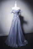 Off-the-Shoulder Blue Purple Organza Evening Gown with Ruched Bodice HZ0429
