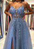 Blue V-Neck Tulle Beading Long Prom Dresses, Blue Graduation Dresses HZ0429