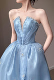 Sky Blue Strapless Deep V-Neck Prom Dress with Pearl Embellishments HZ0429