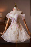 Champagne Off Shoulder Floral Tulle A-Line Evening Party Dress with 3D Flowers HZ0429