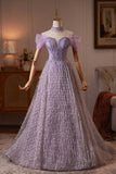Lavender Off the Shoulder Long A-Line Prom Dress with Beaded Bodice HZ0429