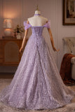 Lavender Off the Shoulder Long A-Line Prom Dress with Beaded Bodice HZ0429