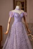 Lavender Off the Shoulder Long A-Line Prom Dress with Beaded Bodice HZ0429
