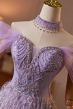 Lavender Off the Shoulder Long A-Line Prom Dress with Beaded Bodice HZ0429