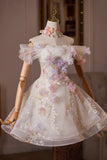 Champagne Off Shoulder Floral Tulle A-Line Evening Party Dress with 3D Flowers HZ0429