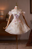 Champagne Off Shoulder Floral Tulle A-Line Evening Party Dress with 3D Flowers HZ0429