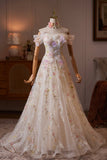 Champagne Off Shoulder Floral Tulle Long Prom Party Dress with 3D Flowers HZ0429