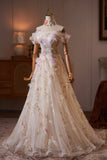 Champagne Off Shoulder Floral Tulle Long Prom Party Dress with 3D Flowers HZ0429