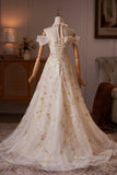 Champagne Off Shoulder Floral Tulle Long Prom Party Dress with 3D Flowers HZ0429