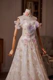 Champagne Off Shoulder Floral Tulle Long Prom Party Dress with 3D Flowers HZ0429