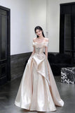 Champagne Satin Off-the-Shoulder Ball Gown Luxury Evening Dress HZ0429