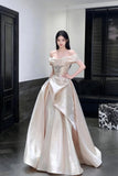 Champagne Satin Off-the-Shoulder Ball Gown Luxury Evening Dress HZ0429