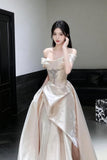 Champagne Satin Off-the-Shoulder Ball Gown Luxury Evening Dress HZ0429