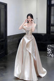 Champagne Satin Off-the-Shoulder Ball Gown Luxury Evening Dress HZ0429