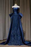Strapless Satin Lace Mermaid Evening Gown with Oversized Bow Navy Blue HZ0429