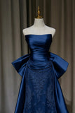 Strapless Satin Lace Mermaid Evening Gown with Oversized Bow Navy Blue HZ0429
