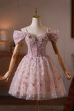 Pink Off Shoulder Short Tulle Homecoming Dress with 3D Flowers HZ0429
