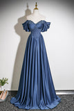 Navy Blue Satin Off-the-Shoulder Beaded A-Line Evening Gown HZ0429