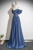 Navy Blue Satin Off-the-Shoulder Beaded A-Line Evening Gown HZ0429