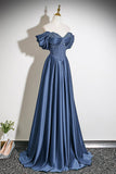 Navy Blue Satin Off-the-Shoulder Beaded A-Line Evening Gown HZ0429