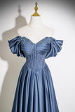 Navy Blue Satin Off-the-Shoulder Beaded A-Line Evening Gown HZ0429