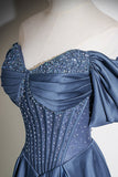 Navy Blue Satin Off-the-Shoulder Beaded A-Line Evening Gown HZ0429