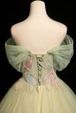 Mint Green Off-the-Shoulder Tulle Ball Gown with 3D Floral Appliques HZ0429