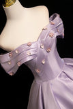 Lavender Off-the-Shoulder Satin Ball Gown with Beaded Bodice HZ0429