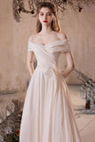 Off-the-Shoulder Ruched White Evening Gown A-Line Prom Party Dress HZ0429