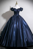 Navy Satin Long Prom Dress A-Line Off the Shoulder Evening Party Dress HZ0429