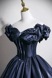 Navy Satin Long Prom Dress A-Line Off the Shoulder Evening Party Dress HZ0429