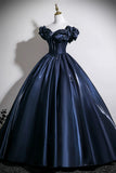 Navy Satin Long Prom Dress A-Line Off the Shoulder Evening Party Dress HZ0429