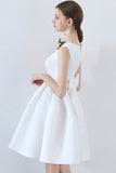 White Satin Short Prom Dresses, A-Line Party Dresses with Bow HZ0429