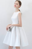 White Satin Short Prom Dresses, A-Line Party Dresses with Bow HZ0429