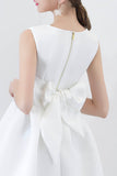 White Satin Short Prom Dresses, A-Line Party Dresses with Bow HZ0429