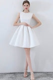 White Satin Short Prom Dresses, A-Line Party Dresses with Bow HZ0429