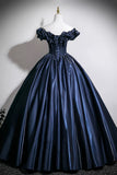 Navy Satin Long Prom Dress A-Line Off the Shoulder Evening Party Dress HZ0429
