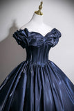 Navy Satin Long Prom Dress A-Line Off the Shoulder Evening Party Dress HZ0429