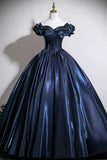 Navy Satin Long Prom Dress A-Line Off the Shoulder Evening Party Dress HZ0429