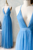 A-Line Tulle Long Prom Dresses, Simple V-Neck Party Dresses HZ0429