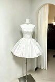 White Strapless Satin Lace Short Prom Party Dress with Oversized Bow Back HZ0429