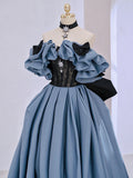 Blue Satin Lace Long Prom Dress, Off Shoulder Evening Dress HZ0429