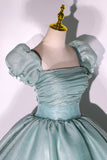 Green Tulle Floor Length Prom Dress, Lovely Short Sleeve Formal Evening Gown HZ0429