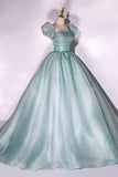 Green Tulle Floor Length Prom Dress, Lovely Short Sleeve Formal Evening Gown HZ0429