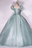 Green Tulle Floor Length Prom Dress, Lovely Short Sleeve Formal Evening Gown HZ0429