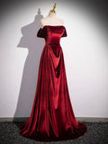 Burgundy Velvet Long Prom Dress, Elegant A-Line Off the Shoulder Party Dress HZ0429