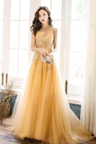 Yellow Tulle Lace Long Prom Dress, A-Line Evening Party Dress HZ0429